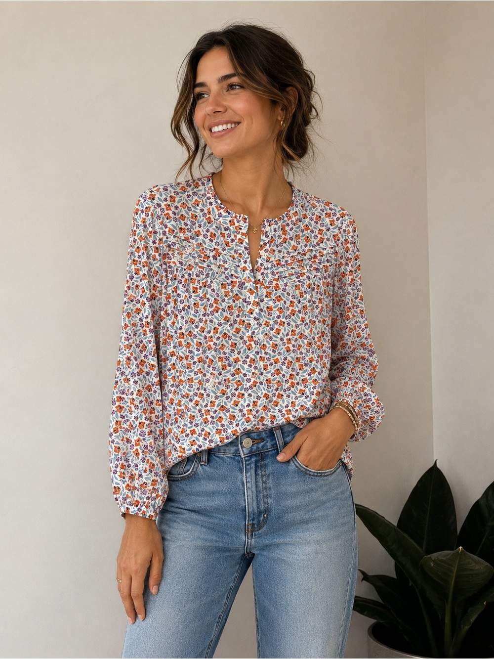 Floral Pintuck Cotton Blouse Women’s M Long Sleeve Cottagecore